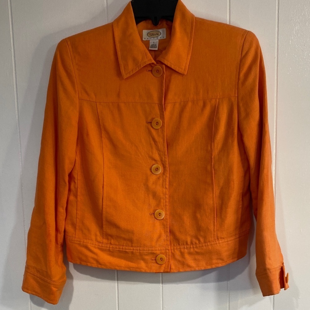 Talbots Petite Orange 100% Linen Jacket Button Front Lined Blazer Womens 2P